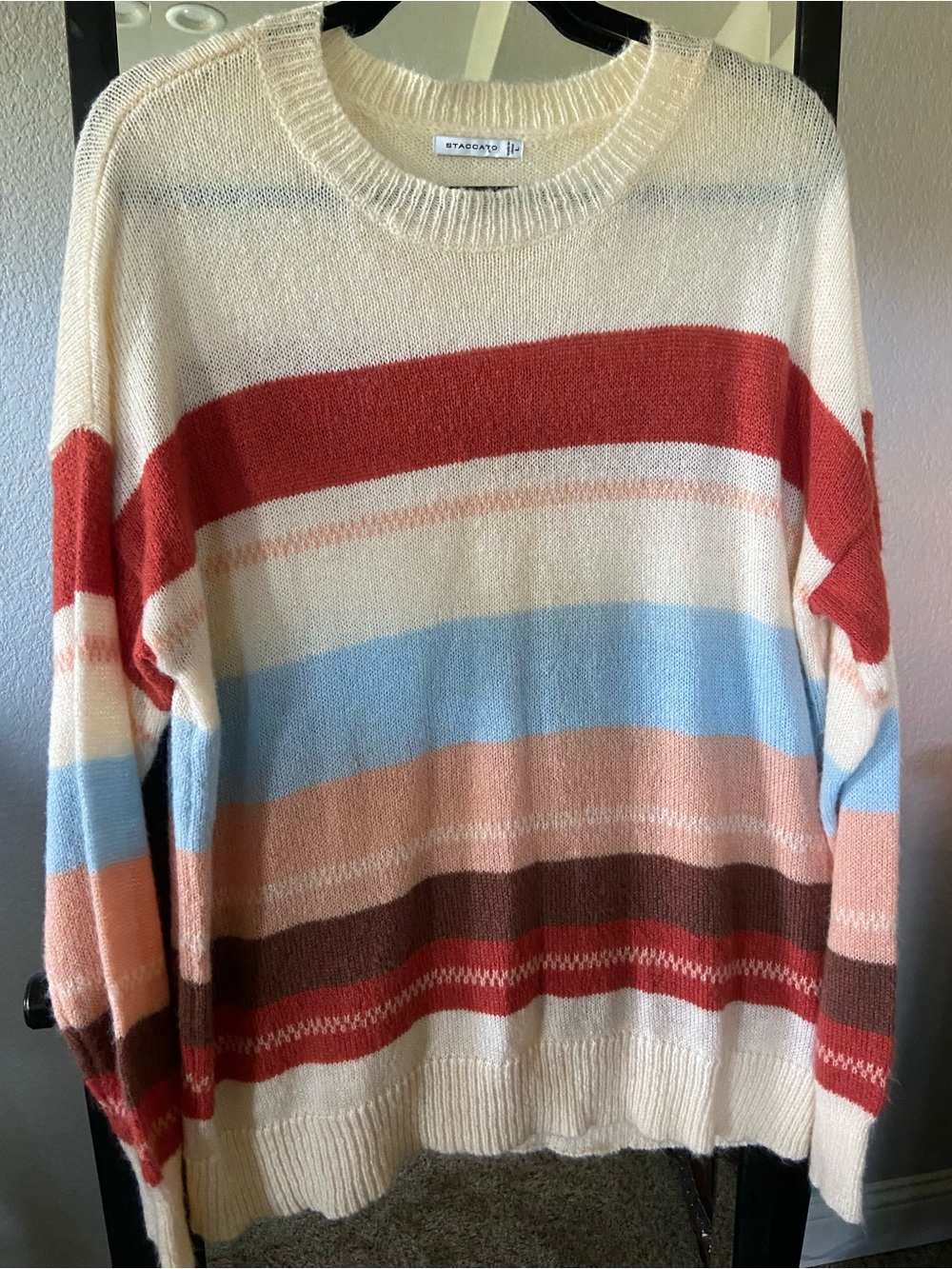 Staccato Cream Striped Crewneck Sweater with Red, Blue & Brown Bands